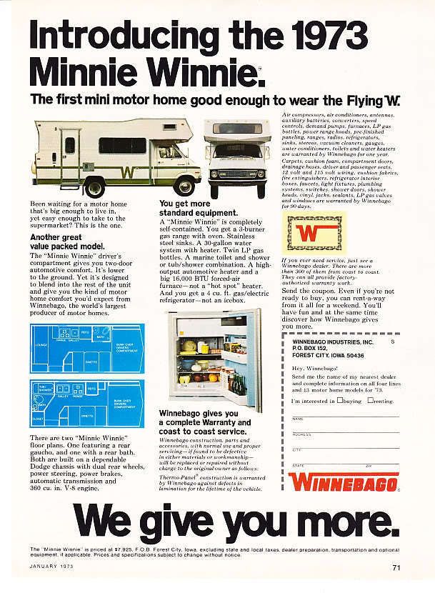 1973 Winnebago Minnie Winnie Motorhome Introductory Ad  