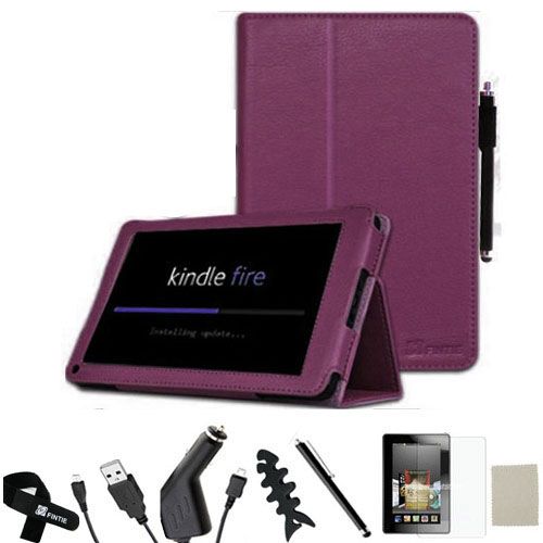 Kindle Fire Folio Leather Case/Screen Protector/Car Charger/USB Cable 