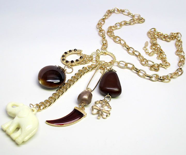 BROWN ELEPHANT HORSESHOE HORN NECKLACE SET S1143  