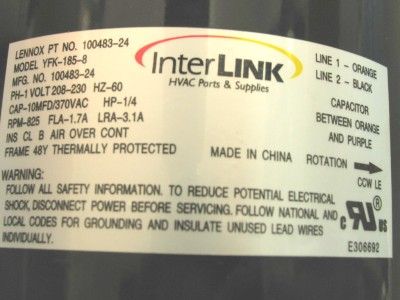 InterLINK LENNOX YFK 185 8 HVAC Blower Motor 1/4 HP 825 RPM 1 PH 208 