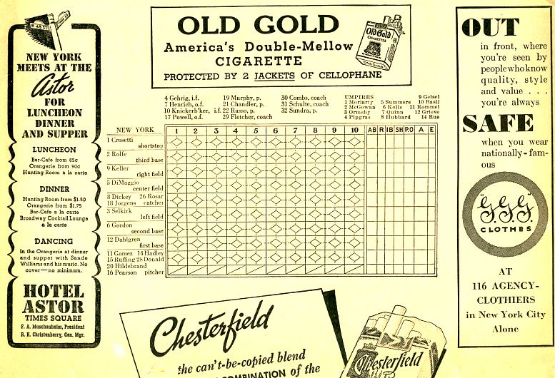   SCORECARD 1939 NEW YORK YANKEES vs. BOSTON RED SOX JIMMIE FOXX  