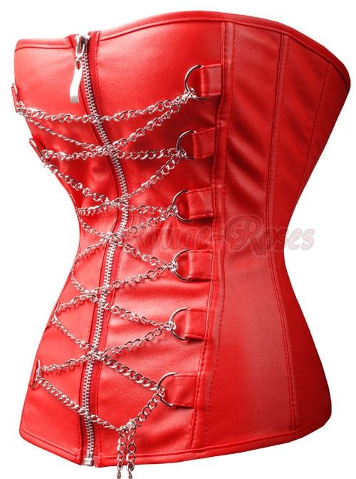 Goth Red Bonded Leather Metal Chain CORSET Bustier XL g2701_r  