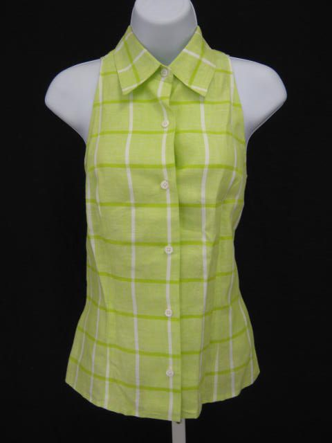 ELLEN TRACY Neon Green Plaid Linen Sleeveless Top Sz 8  