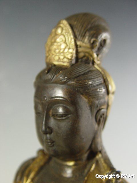 TIBETAN GILDED BRONZE KWAN YIN BUDDHA w LION FOO DOG 11 H  