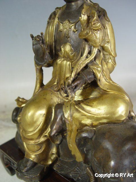 TIBETAN GILDED BRONZE KWAN YIN BUDDHA w ELEPHANT 11 H  