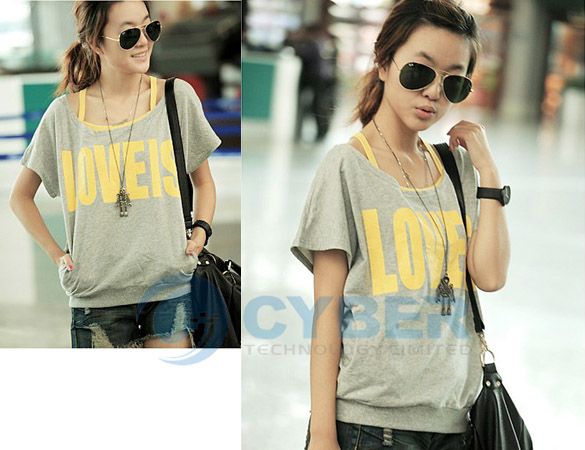 Korea Fashion Short Sleeve Off Shoulder Womens 2 Pcs Vest + T Shirt 