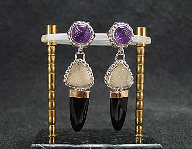 Amethyst. Agate Drusy. Black Onyx.14K & .925 Earrings  