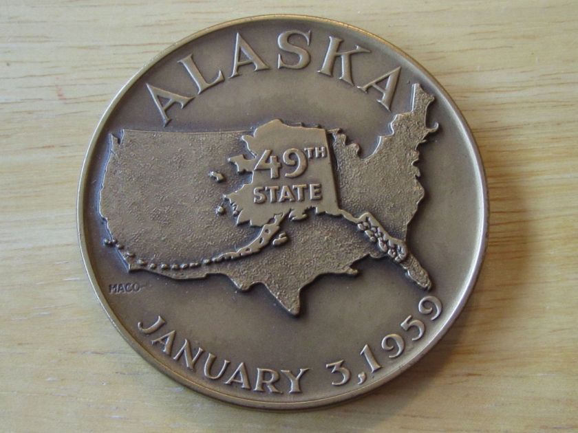 Alaska Large Bronze Medal, 49th State, January 3, 1959, Medallic Art 