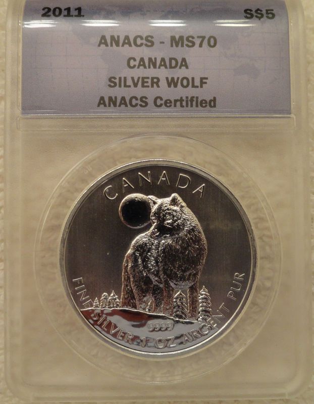 PERFECT 2011 $5 Canada 1oz .9999 Fine Silver Wolf ANACS MS70  