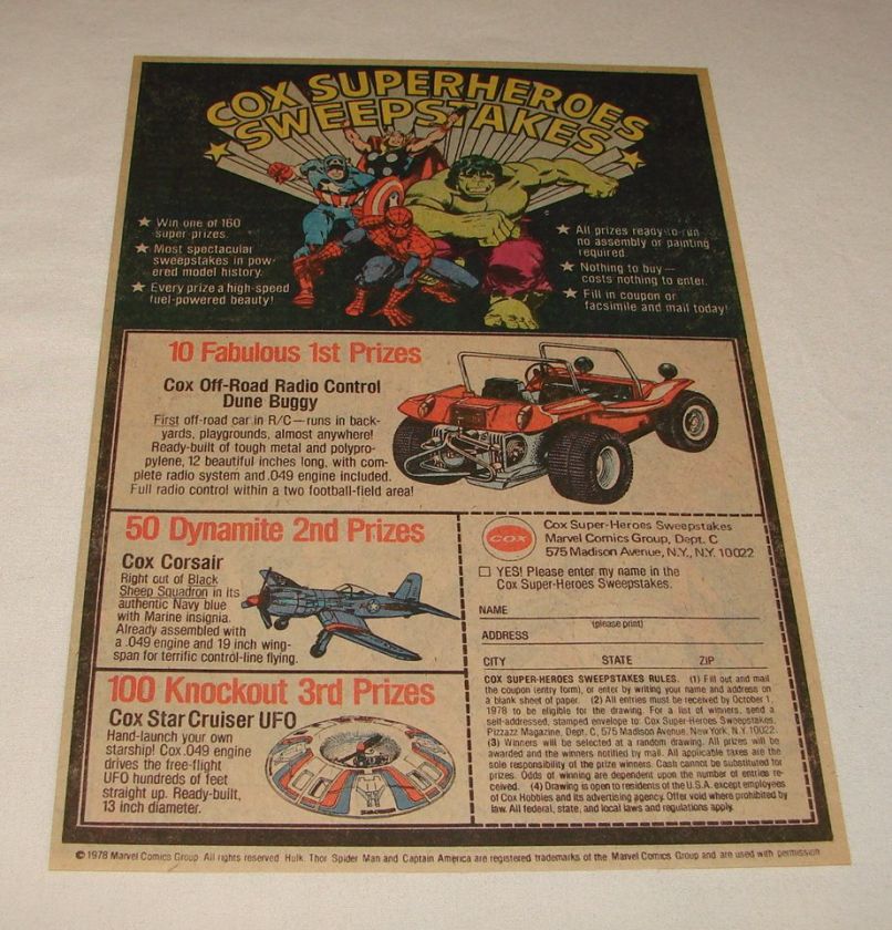 1978 COX Super Heroes Sweepstakes ad ~ Dune Buggy, etc  