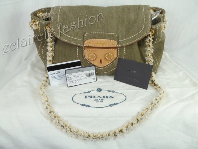 PRADA Pattina Green Denim Flap Leather Chain Bag NEW  