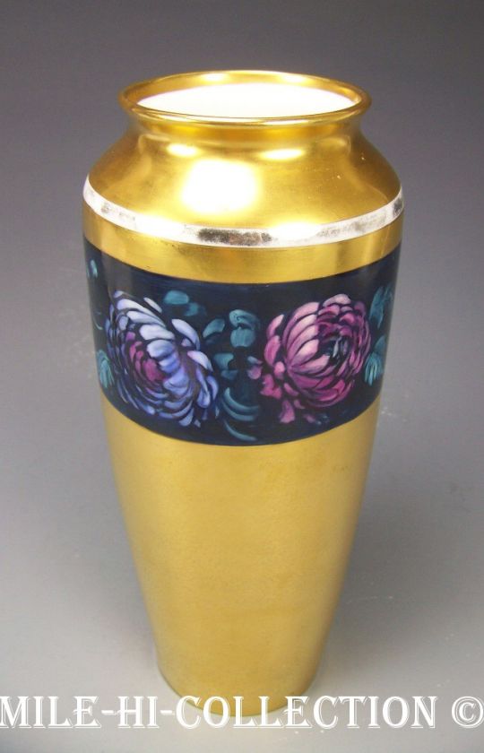 PICKARD HAND PAINTED ASTORS BLUE ENCRUSTED GOLD VASE  