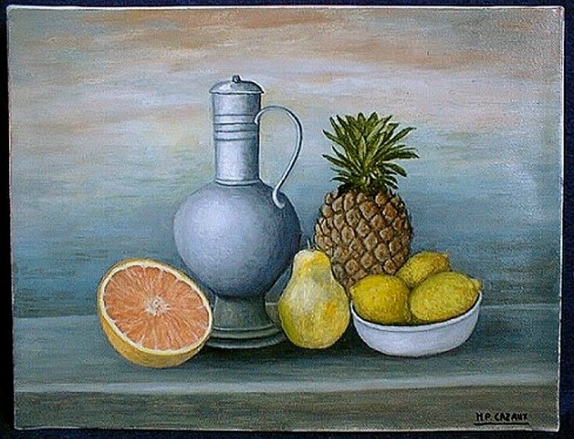 FRENCH OIL PAINTING TROMPE LOEIL TROPICAL FRUITS  