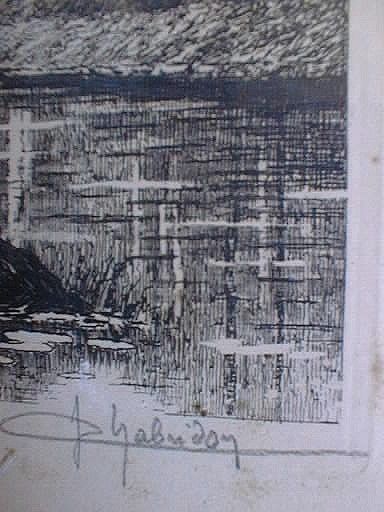 ENGRAVING JEAN CHABRIDON c1930 VERSAILLES PAGODA REFLECTION SIGNED 