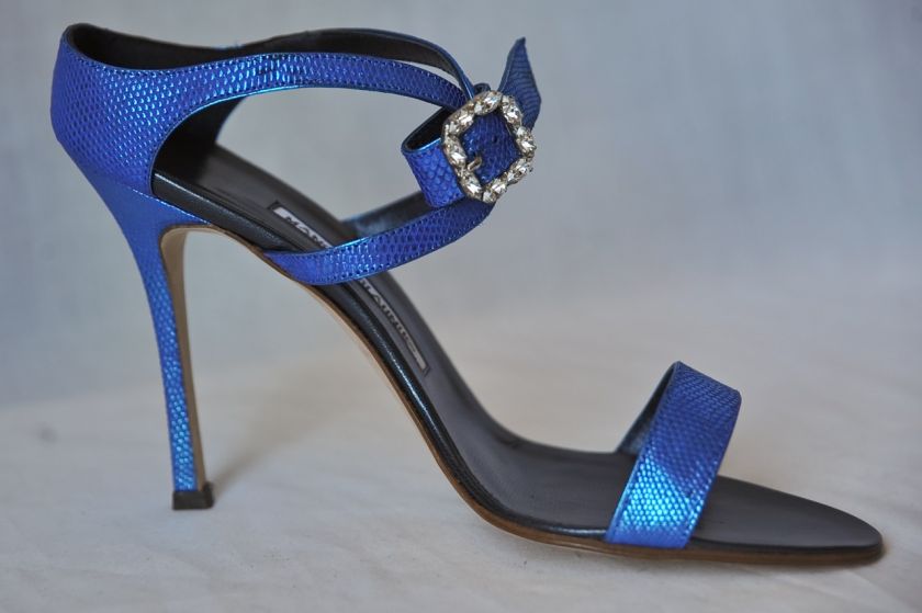 MANOLO BLAHNIK*TRAMPA*Metallic Blue LIZARD+Crystal Buckle Pump Heel 