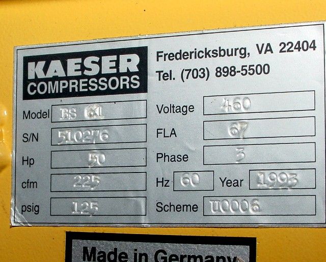 50 HP KAESER BS 61 ROTARY SCREW AIR COMPRESSOR, 125 PSI, 225 CFM, 460 