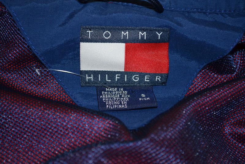 TOMMY HILFIGER RED BLUE 100% NYLON FULL ZIP HOODED WINDBREAKER JACKET 