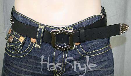 Christian Audigier Men Black Belt Leather rhinestones L  