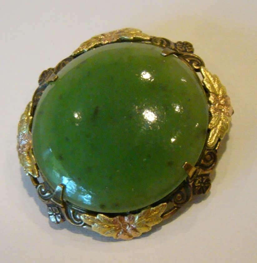 OLD ESTATE BLACK HILLS TRI COLOR 14k & CHRYSOPRASE BROOCH VTG  