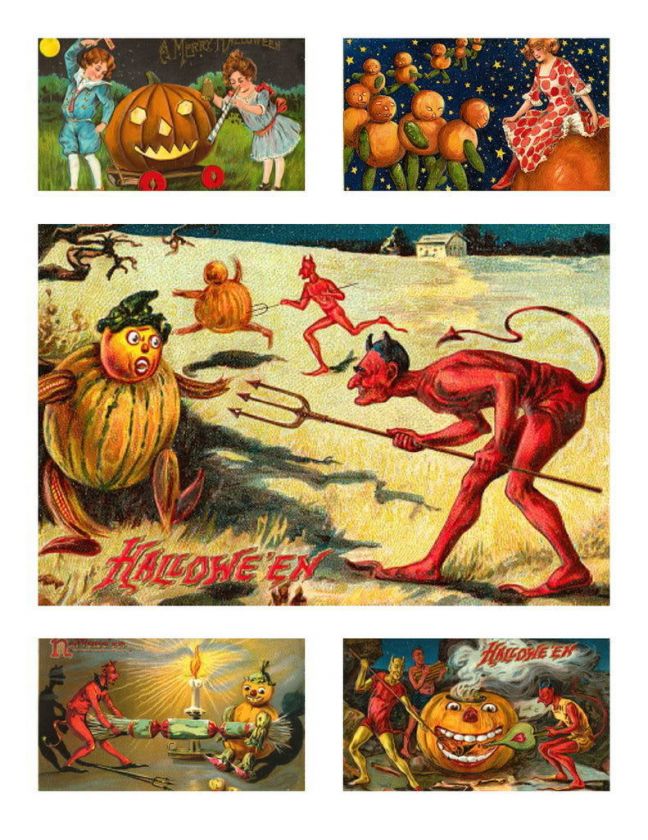 Vintage Halloween Fabric Block Kit Postcard Images  