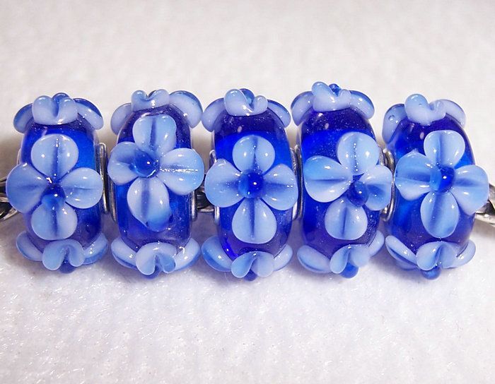 Blue Blossom Flower Lampwork Glass Beads fit European Charm Bracelet 