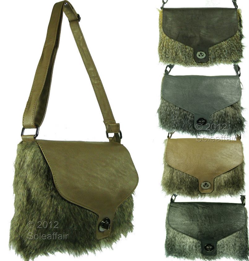 Womens Shaggy Faux Fur Cross Body Shoulder Bag Ladies Leather Style 