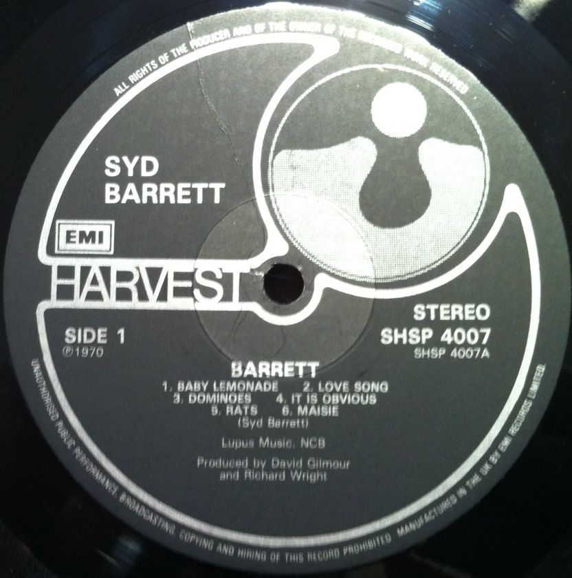 SYD BARRETT barrett LP Mint  SHSP 4007 Vinyl 1970 UK A2/B2 Harvest 