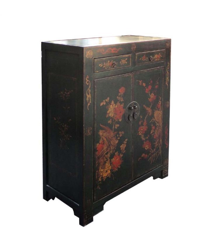 Chinese Green Flower Birds Side Table Cabinet ss870  