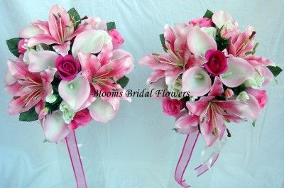 WEDDING BOUQUET SET, Calla Lillies, Tiger Lilles & Roses Pink/Ivory 