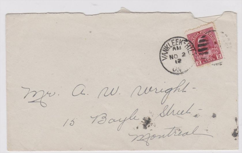 Canada Vankleek Hill Ontario to Montreal 1912 Cover, flap removed 