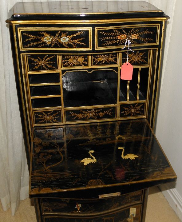 Very Unusual Antique Hand Painted Black Chinois Secretary Desk NR 