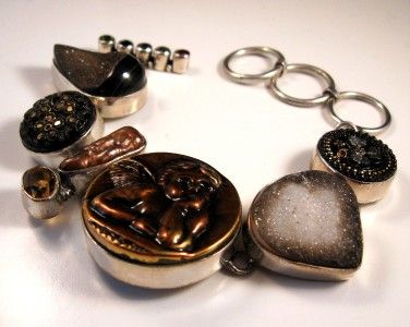 VINTAGE BUTTONS BLACK AGATE DRUSY DRUZY SS BRACELET  