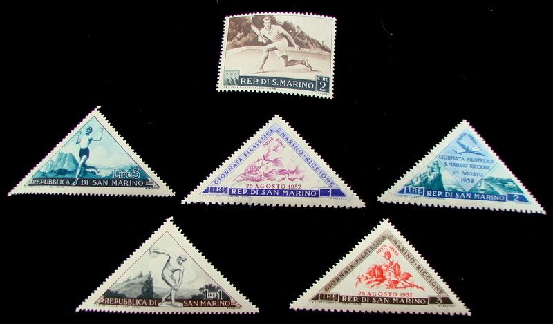 Six MNH 1952 Vintage San Marino Stamps   5 Triangular  