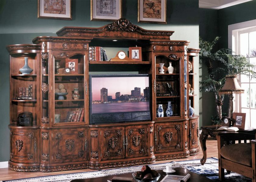 Large Ornate Mahagany TV Entertainment Center Wall Unit  