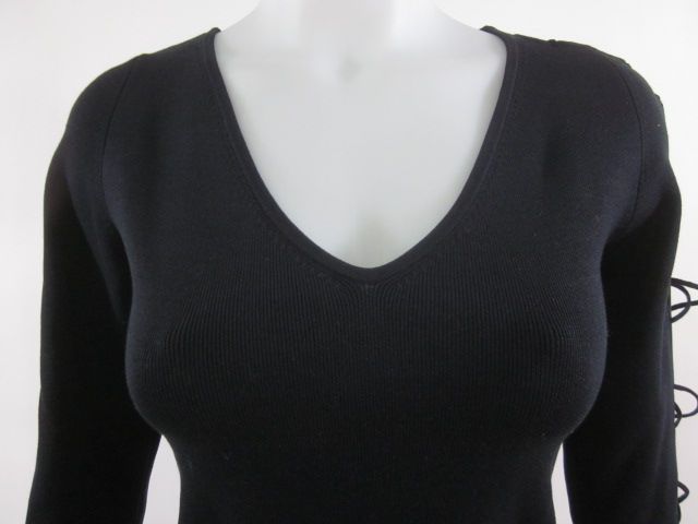 ESSENDI Black V Neck Lace Up Sleeve Sweater Top Sz S  