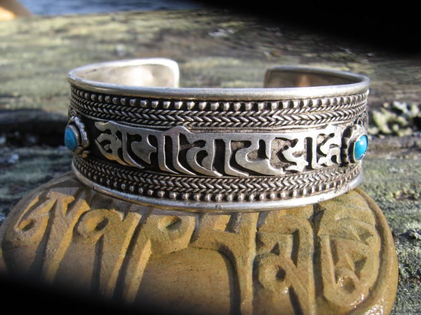 WIDE UNISEX TIBETAN BUDDHIST 3 STONE OM CUFF BRACELET  