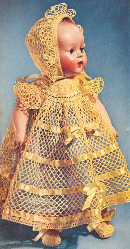 Vintage Crochet Baby Doll Dress Hat Shoes 15in Pattern  