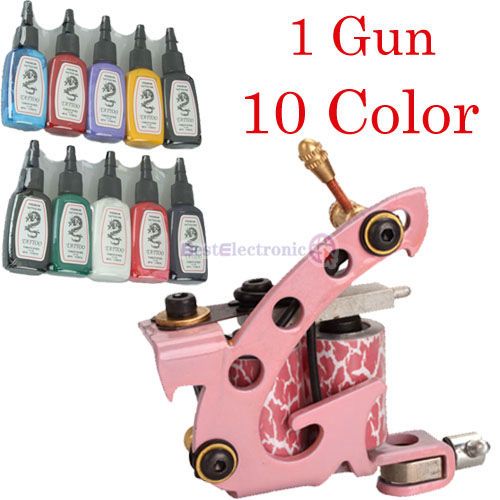 Pink Pro Tattoo Machine Gun Liner Shader +10 Color Ink  