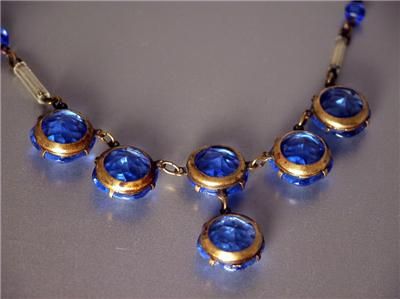  DECO SAPPHIRE BLUE ART GLASS NECKLACE w/ OPEN BACK MOUNTINGS  