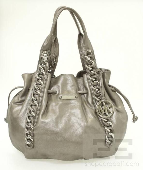Michael Michael Kors Nickel Leather Large ID Chain Tote Bag NEW  