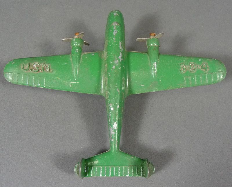 VTG Green Kiddie Toy Hubley Metal USN 3 B 4 Airplane Retractable 