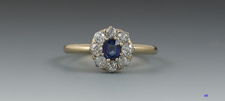 Antique 14K Gold Sapphire & Diamond Flower Head Ring  