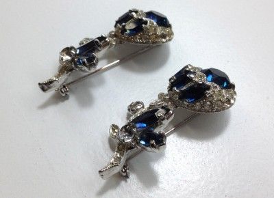   EISENBERG ICE RHINESTONES SAPPHIRE PAIR FLOWER PIN BROOCH  