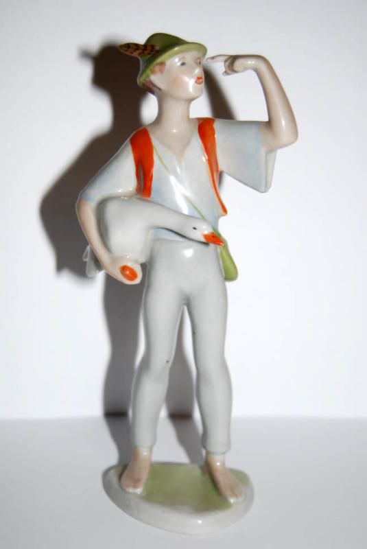 50s DRASCHE HANDPAINTED HUNGARIAN PORCELAIN BOY w GOOSE  