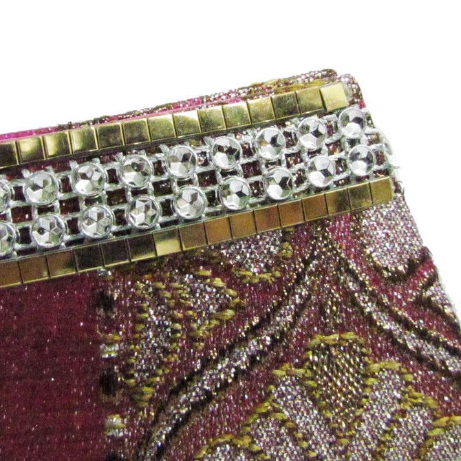 BEAUTIFUL BRIDAL PURSE FLAP STYLE PINK JACQUARD BROCADE FABRIC BROOCH 