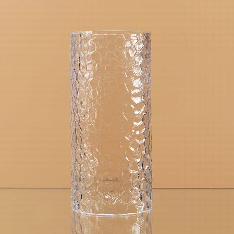 This glass cylinder shaped hammered hurricane candle holder holds 3 