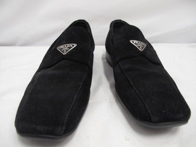 Prada Black Suede Square Toe Rubber Sole Flat Loafers 38.5  