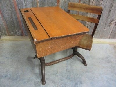 Vintage Iron & Wooden School Desk & Chair  Antique Table Stand Old 