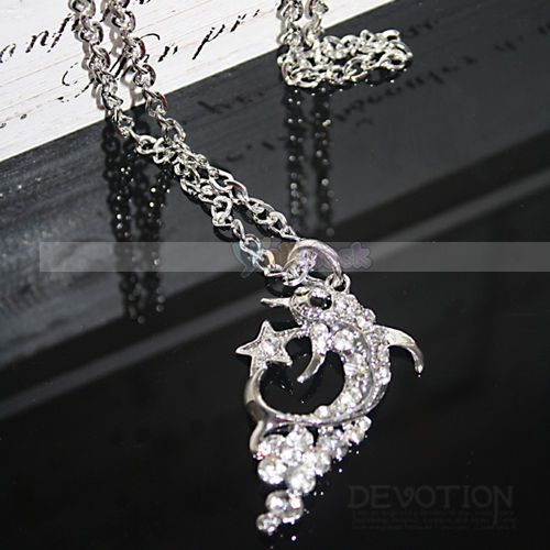 cute silver rhinestone dolphin Pendant chain Necklace  