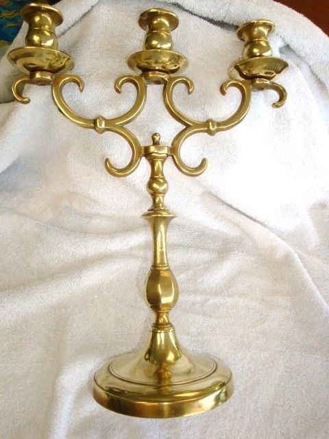 ANTIQUE VINTAGE LARGE HEAVY BRASS 3 ARM CANDELABRA 1800s 13 1/2 h 